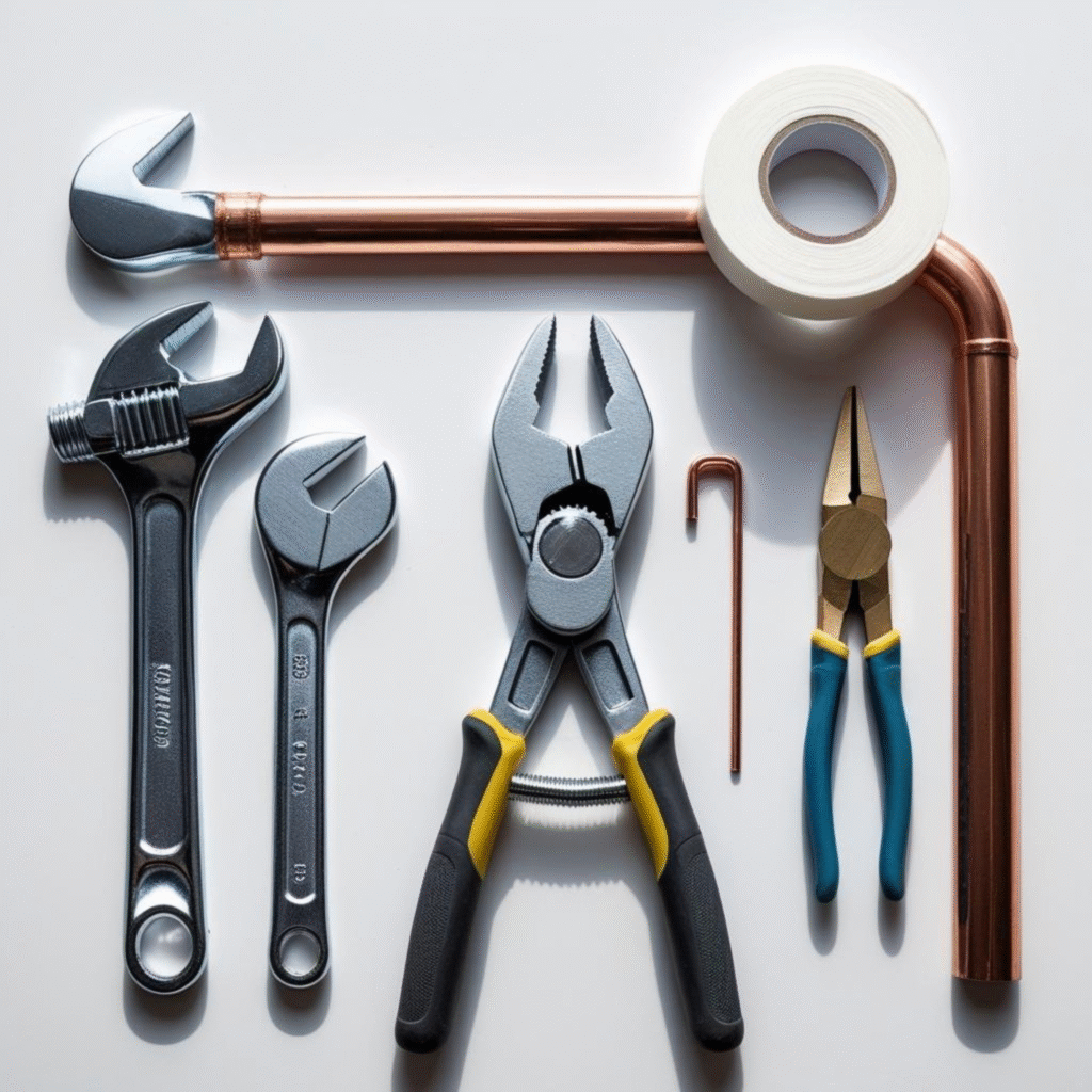 Collection of plumbing tools used for plumber services in Kalkaji.